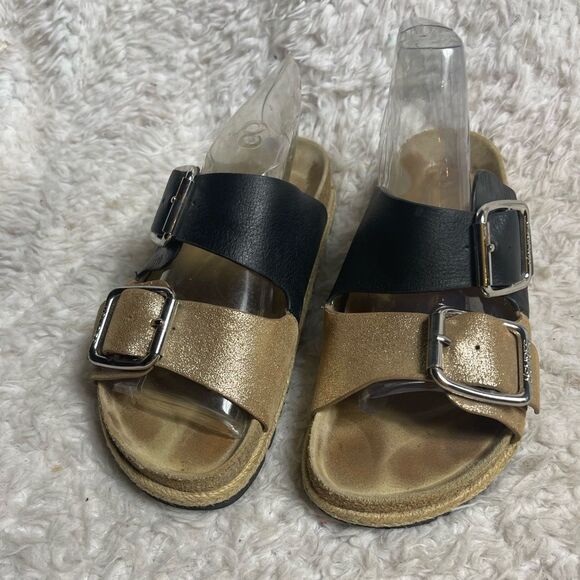 J/SLIDES Bowie black/gold leather side buckles slides sandals US 7 - Picture 1 of 8
